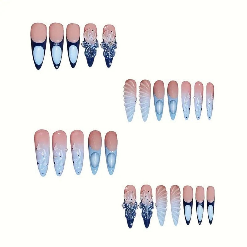 Sevgob Handmade Press on Nails Long Almond Glue on Nails with Flower Charm Design Blue French Tips Stick on Nails 3D Pearl Water Ripple Fake Nails Glossy Summer False Nails for Women Girls Manicure 24Pcs - Image 3